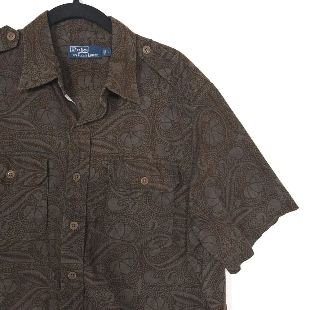 POLO RALPH‎ LAUREN Mens Paisley Camp Shirt LARGE Brown Button 100% Cotton